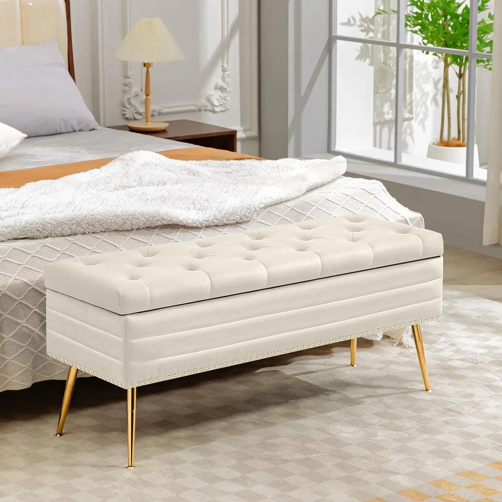 Velvet White Storage Ottoman Entryway Bench With Gold Base And Diamond Tufted Design For Living Room 1 Velvet White Storage Ottoman Entryway Bench With Gold Base And Diamond Tufted Design For Living Room