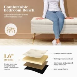 Velvet White Storage Ottoman Entryway Bench With Gold Base And Diamond Tufted Design For Living Room 10 Velvet White Storage Ottoman Entryway Bench With Gold Base And Diamond Tufted Design For Living Room -More Furniture Store white jearey bedroom benches ykcw white c3 1000