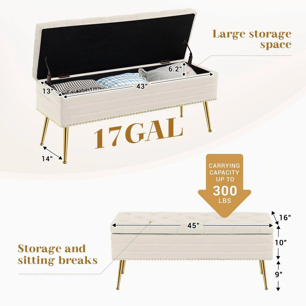 Velvet White Storage Ottoman Entryway Bench With Gold Base And Diamond Tufted Design For Living Room 2 Velvet White Storage Ottoman Entryway Bench With Gold Base And Diamond Tufted Design For Living Room - Image 2