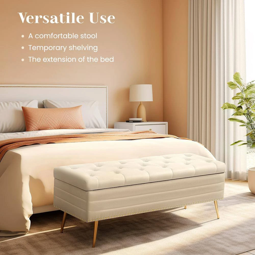 Velvet White Storage Ottoman Entryway Bench With Gold Base And Diamond Tufted Design For Living Room 7 Velvet White Storage Ottoman Entryway Bench With Gold Base And Diamond Tufted Design For Living Room - Image 7