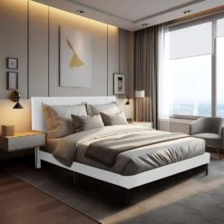 Alex White Queen Upholstered Platform Bed Frame With Headboard -More Furniture Store white jearey platform beds e111cj queen white 31 1000