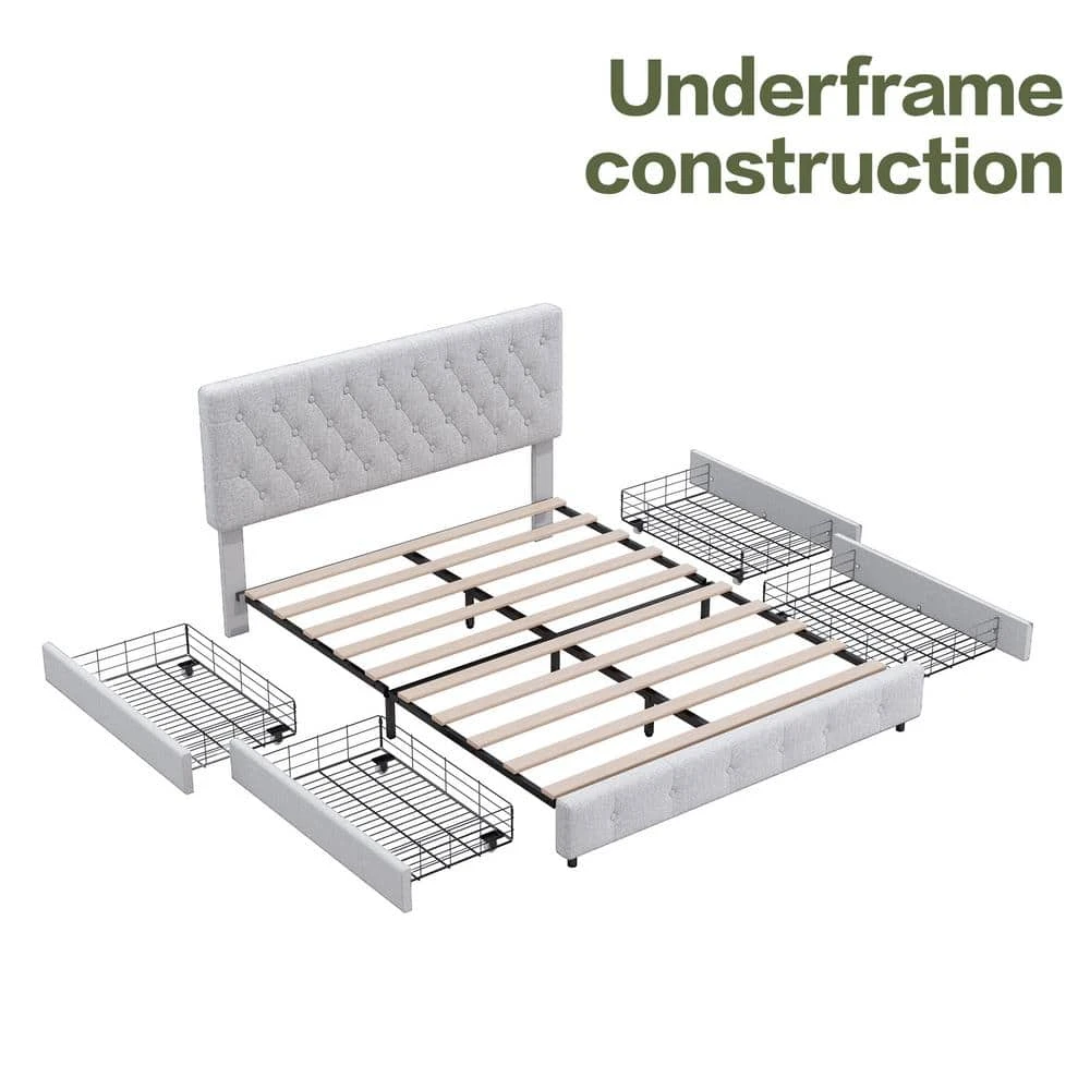 White Full Linen Upholstered Storage Platform Bed Frame With Headboard 4 White Full Linen Upholstered Storage Platform Bed Frame With Headboard - Image 4