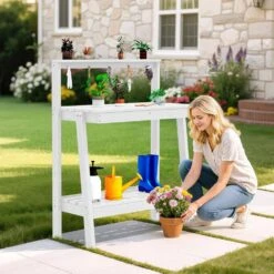 45.5 In. H X 34.8 In. W X 17.7 In. D White HDPE Potting Bench Table, Multi-Purpose Plant And Storage Shelf -More Furniture Store white jearey potting benches and tables jyyygzt wh 31 1000