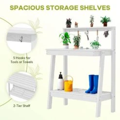 45.5 In. H X 34.8 In. W X 17.7 In. D White HDPE Potting Bench Table, Multi-Purpose Plant And Storage Shelf -More Furniture Store white jearey potting benches and tables jyyygzt wh 4f 1000