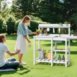 40.94 In. W X 47.24 In. H White HDPE Weather-Resistant Garden Potting Bench Table With Storage Shelf 15 40.94 In. W X 47.24 In. H White HDPE Weather-Resistant Garden Potting Bench Table With Storage Shelf -More Furniture Store white jearey potting benches and tables yygzt wh 31 1000