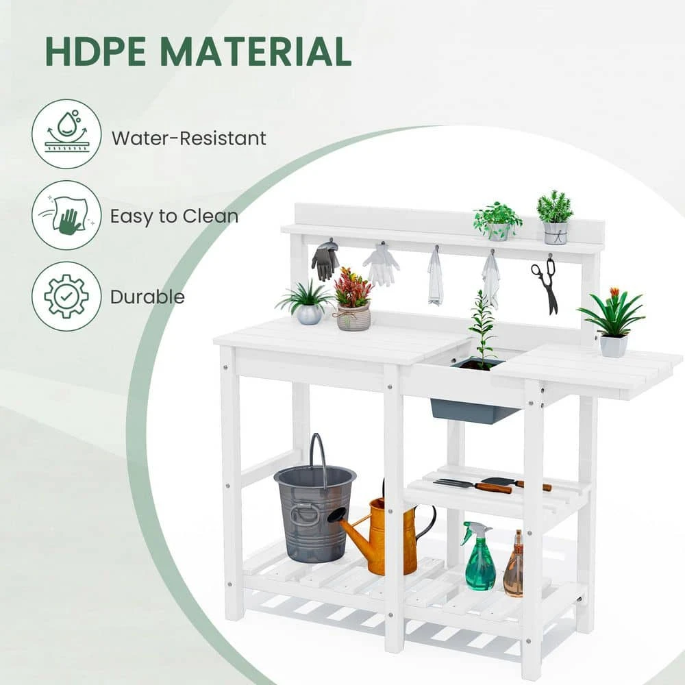 40.94 In. W X 47.24 In. H White HDPE Weather-Resistant Garden Potting Bench Table With Storage Shelf 3 40.94 In. W X 47.24 In. H White HDPE Weather-Resistant Garden Potting Bench Table With Storage Shelf - Image 3