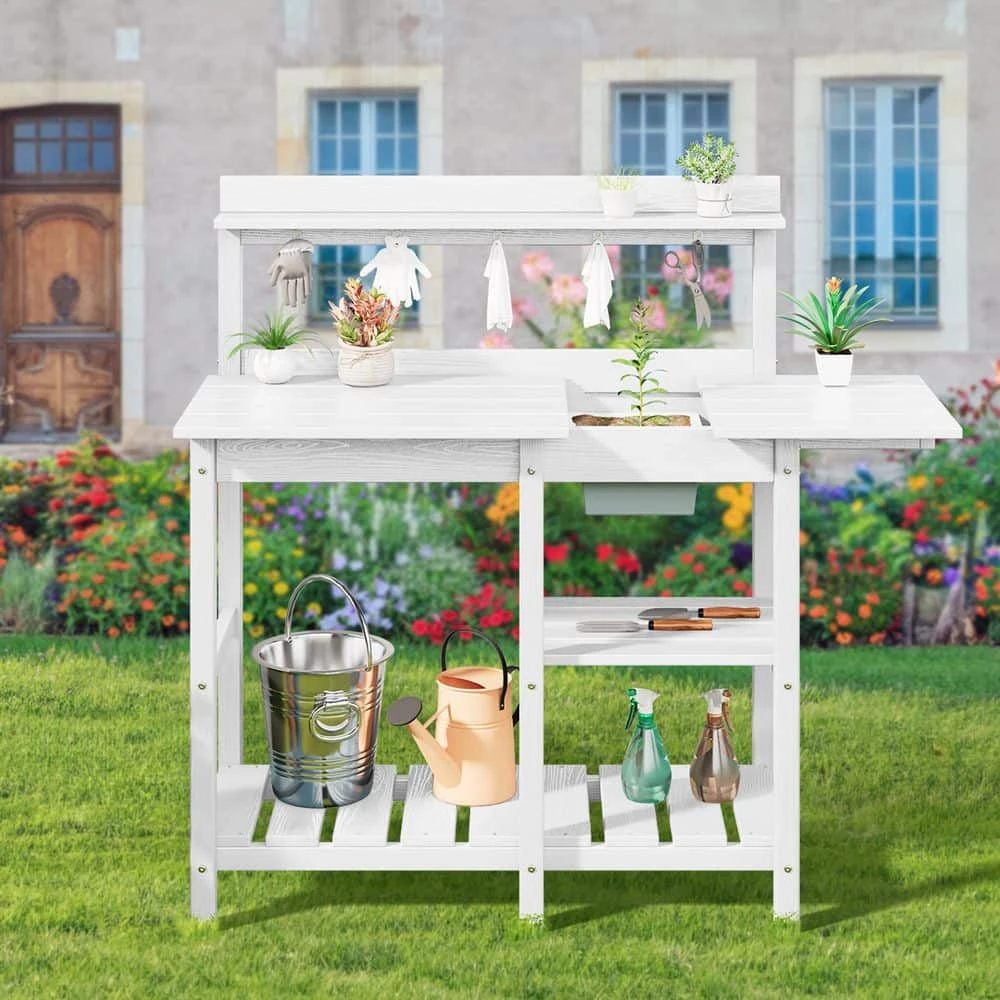 40.94 In. W X 47.24 In. H White HDPE Weather-Resistant Garden Potting Bench Table With Storage Shelf 1 40.94 In. W X 47.24 In. H White HDPE Weather-Resistant Garden Potting Bench Table With Storage Shelf