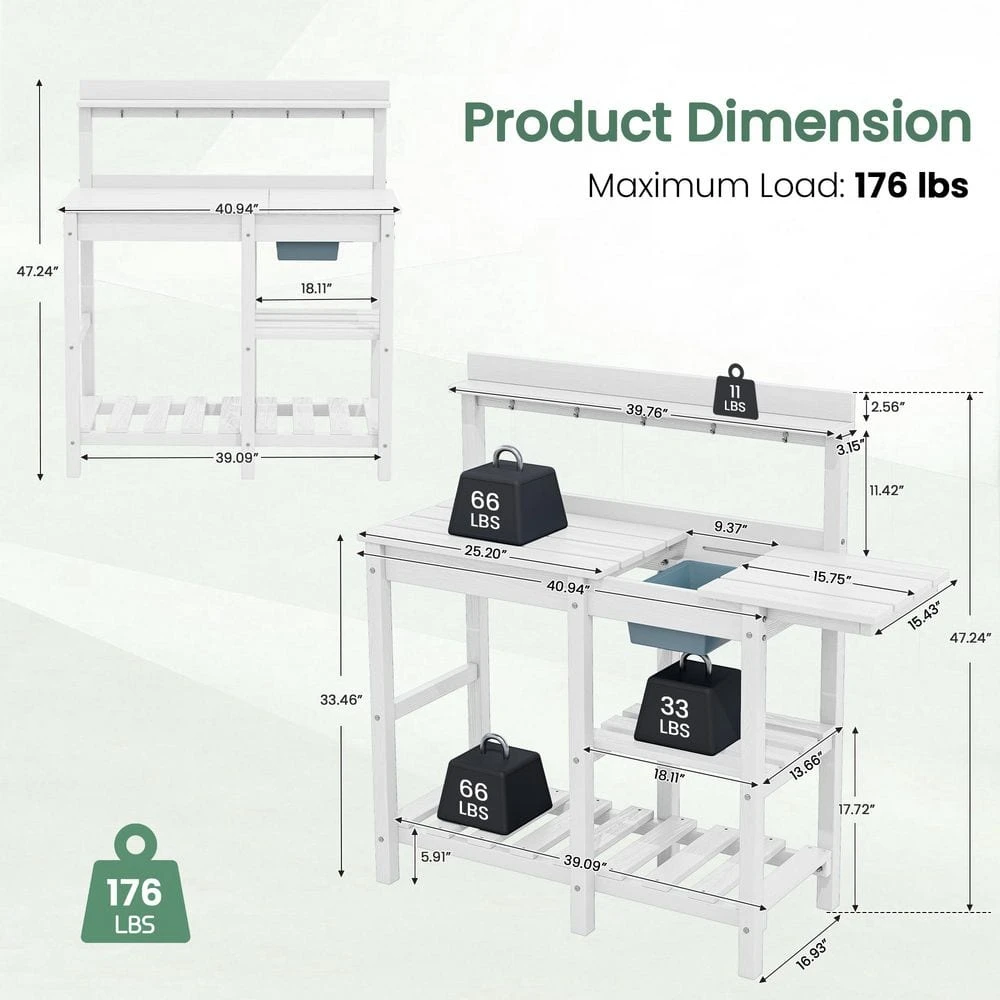 40.94 In. W X 47.24 In. H White HDPE Weather-Resistant Garden Potting Bench Table With Storage Shelf 7 40.94 In. W X 47.24 In. H White HDPE Weather-Resistant Garden Potting Bench Table With Storage Shelf - Image 7