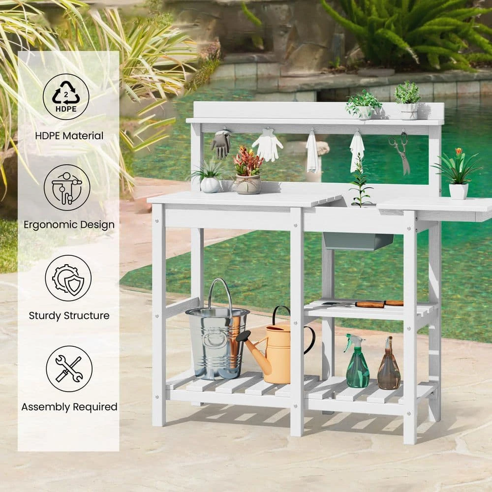 40.94 In. W X 47.24 In. H White HDPE Weather-Resistant Garden Potting Bench Table With Storage Shelf 6 40.94 In. W X 47.24 In. H White HDPE Weather-Resistant Garden Potting Bench Table With Storage Shelf - Image 6