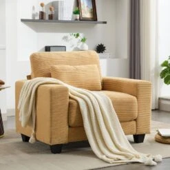 Modern Yellow Corduroy Enlarged Seat Accent Armchair With Pillow For Living -More Furniture Store yellow jearey accent chairs dxrjysfy yellow 44 1000