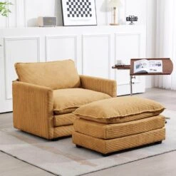 Modern Yellow Corduroy Accent Armchair With Ottoman For Living