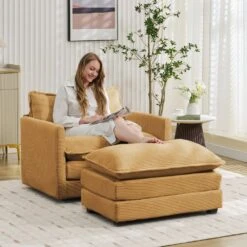 Modern Yellow Corduroy Accent Armchair With Ottoman For Living -More Furniture Store yellow jearey accent chairs e46sf 1 ye c3 1000