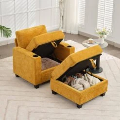 Modern Yellow Chenille Storage Accent Armchair With Cup Holder And Ottoman For Living -More Furniture Store yellow jearey accent chairs xnecw 1 gold c3 1000