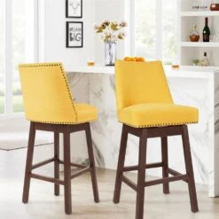 29.53 In Back Swivel Velvet Yellow Bar Stool With Rubber Wood Frame (Set Of 2)
