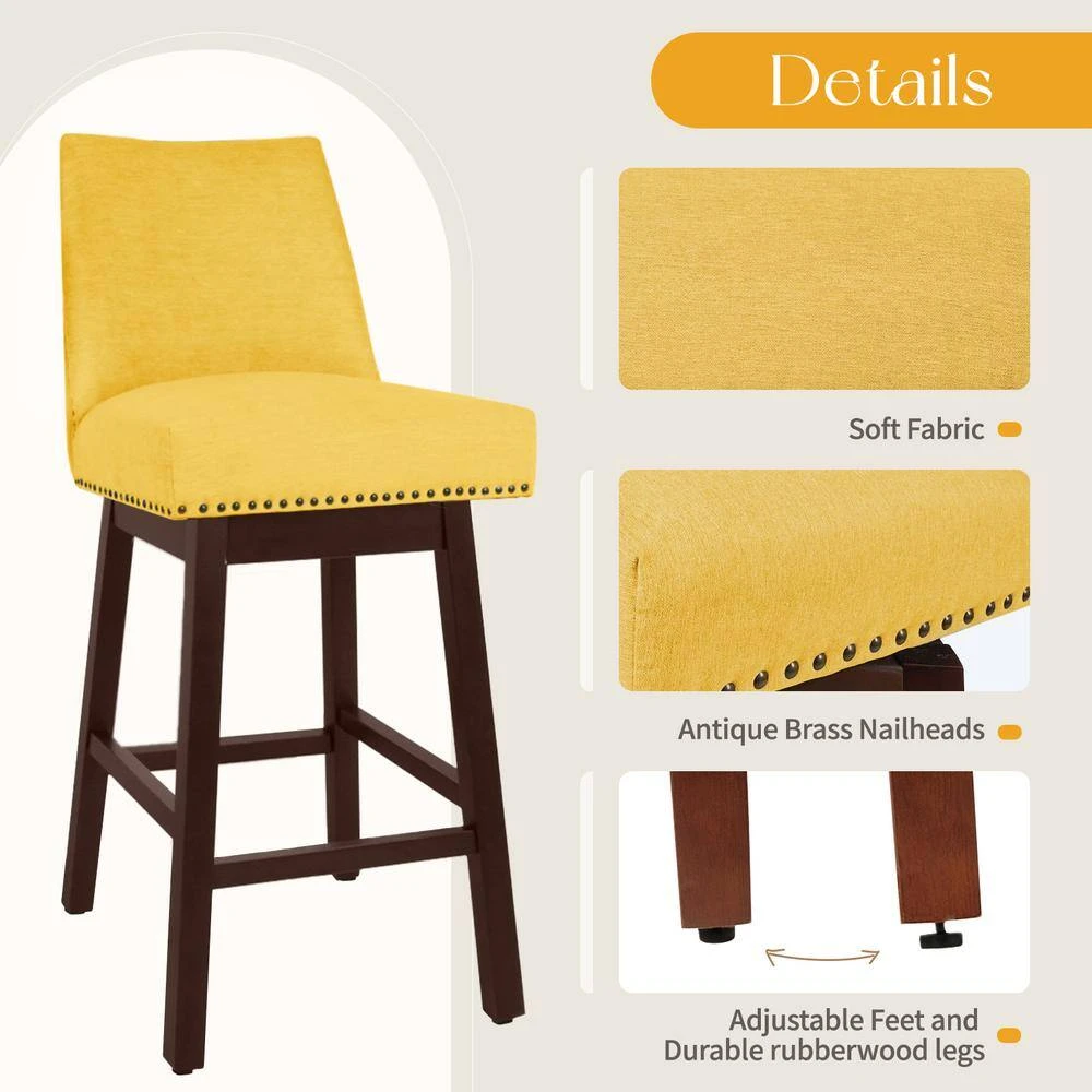 29.53 In Back Swivel Velvet Yellow Bar Stool With Rubber Wood Frame (Set Of 2) 3 29.53 In Back Swivel Velvet Yellow Bar Stool With Rubber Wood Frame (Set Of 2) - Image 3