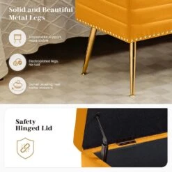 Velvet Yellow Storage Ottoman Entryway Bench With Gold Base And Diamond Tufted Design For Living Room -More Furniture Store yellow jearey bedroom benches ykcw yellow 1f 1000