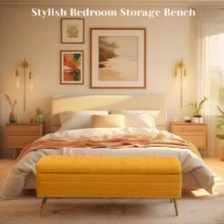 Velvet Yellow Storage Ottoman Entryway Bench With Gold Base And Diamond Tufted Design For Living Room -More Furniture Store yellow jearey bedroom benches ykcw yellow 31 1000