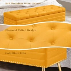 Velvet Yellow Storage Ottoman Entryway Bench With Gold Base And Diamond Tufted Design For Living Room -More Furniture Store yellow jearey bedroom benches ykcw yellow 4f 1000