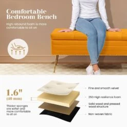 Velvet Yellow Storage Ottoman Entryway Bench With Gold Base And Diamond Tufted Design For Living Room -More Furniture Store yellow jearey bedroom benches ykcw yellow c3 1000