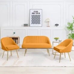 3-Piece Living Room Set With Brushed Velvet In Yellow -More Furniture Store yellow jearey living room sets tz 4 ye 31 1000