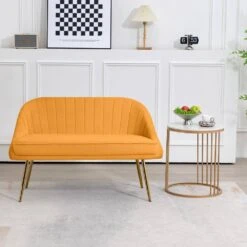 Modern 48 In. Golden Base Velvet Tufted 2-Seats Yellow Loveseat Sofa For Living Room Furniture Sets -More Furniture Store yellow jearey loveseats e15sry hd ye 31 1000