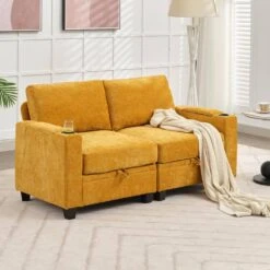 Modern 64.6 In Yellow Chenille Storage Loveseat With Cup Holder And Ottoman For Living -More Furniture Store yellow jearey loveseats xnecw 2 gold 31 1000