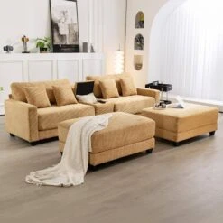 Laibai 111.81 In. Square Arm 4-Piece Velvet Modular Sectional Sofa In Yellow With Cup Holder And Ottoman 13 Laibai 111.81 In. Square Arm 4-Piece Velvet Modular Sectional Sofa In Yellow With Cup Holder And Ottoman -More Furniture Store yellow jearey sectional sofas dxrabcd yellow 31 1000