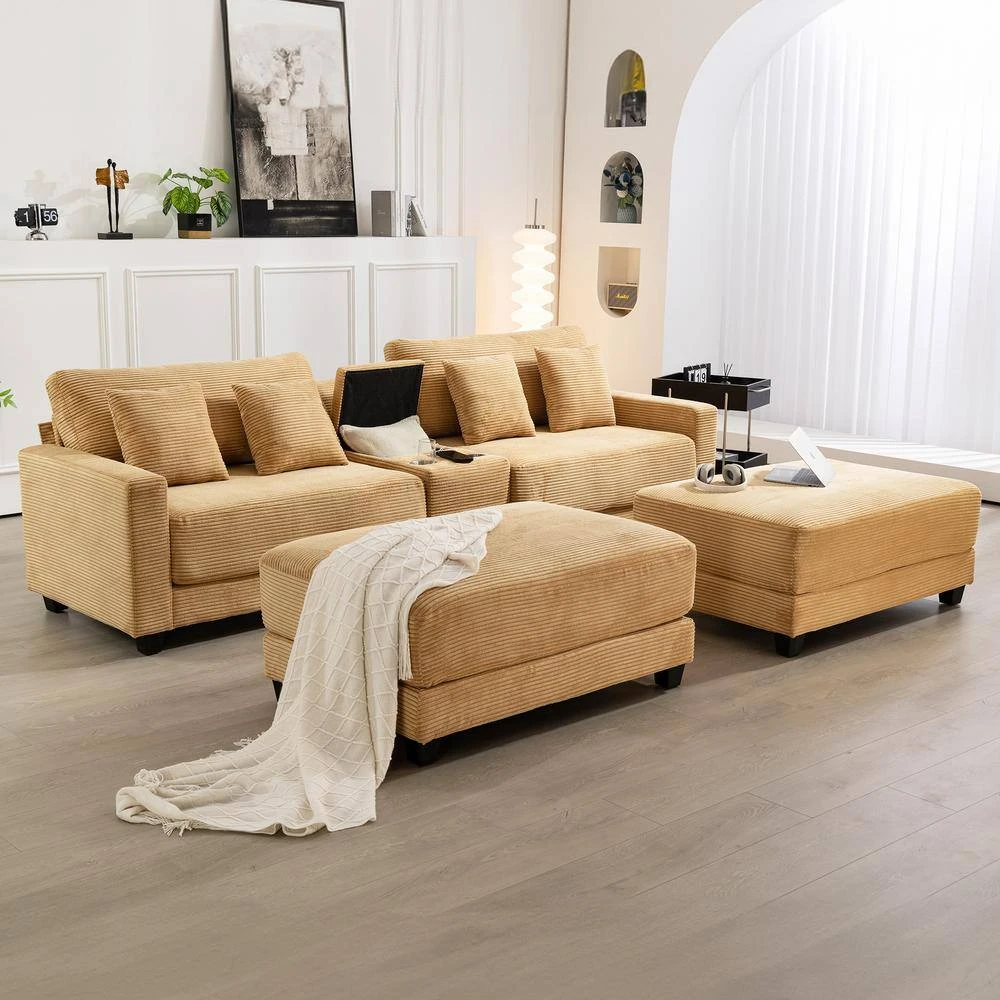 Laibai 111.81 In. Square Arm 4-Piece Velvet Modular Sectional Sofa In Yellow With Cup Holder And Ottoman 7 Laibai 111.81 In. Square Arm 4-Piece Velvet Modular Sectional Sofa In Yellow With Cup Holder And Ottoman - Image 7