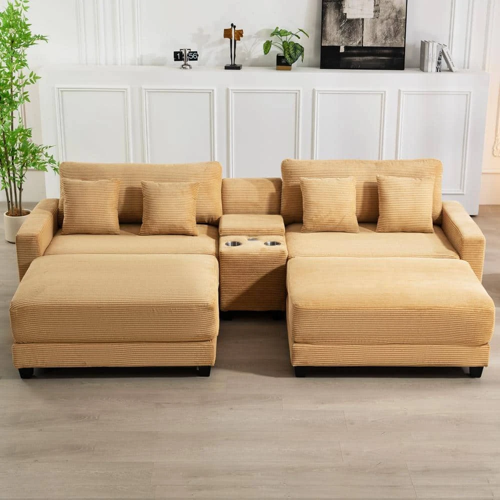 Laibai 111.81 In. Square Arm 4-Piece Velvet Modular Sectional Sofa In Yellow With Cup Holder And Ottoman 1 Laibai 111.81 In. Square Arm 4-Piece Velvet Modular Sectional Sofa In Yellow With Cup Holder And Ottoman