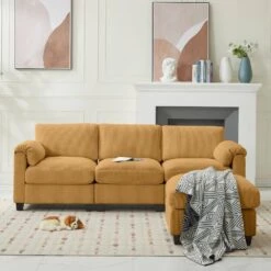 85.37 In. Corduroy Modular Rectangular Yellow Sectional Sofa With Ottoman For Living Room And Spacious Space -More Furniture Store yellow jearey sectional sofas dxrzjsf4 yellow 44 1000