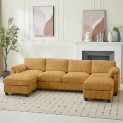 114.96 In Corduroy Modular U-Shaped Yellow Sectional Sofa With 2-Ottomans For Living Room And Spacious Space -More Furniture Store yellow jearey sectional sofas dxrzjsf6 yellow 31 1000