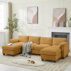 114.96 In Corduroy Modular U-Shaped Yellow Sectional Sofa With 2-Ottomans For Living Room And Spacious Space -More Furniture Store yellow jearey sectional sofas dxrzjsf6 yellow 4f 1000