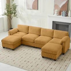 114.96 In Corduroy Modular U-Shaped Yellow Sectional Sofa With 2-Ottomans For Living Room And Spacious Space
