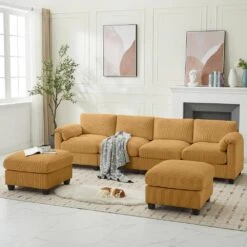 114.96 In Corduroy Modular U-Shaped Yellow Sectional Sofa With 2-Ottomans For Living Room And Spacious Space -More Furniture Store yellow jearey sectional sofas dxrzjsf6 yellow c3 1000