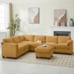115 In. Corduroy Modular L-Shaped Yellow 7-Seat Sectional Sofa For Living Room And Spacious Space 11 115 In. Corduroy Modular L-Shaped Yellow 7-Seat Sectional Sofa For Living Room And Spacious Space -More Furniture Store yellow jearey sectional sofas dxrzjsf7 yellow 31 1000