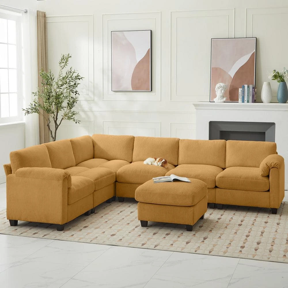 115 In. Corduroy Modular L-Shaped Yellow 7-Seat Sectional Sofa For Living Room And Spacious Space 6 115 In. Corduroy Modular L-Shaped Yellow 7-Seat Sectional Sofa For Living Room And Spacious Space - Image 6