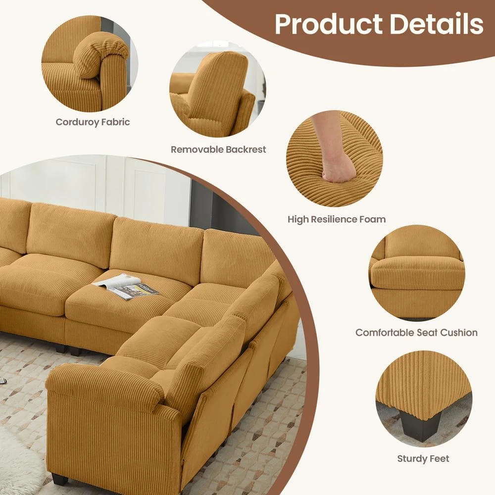 115 In. Corduroy Modular L-Shaped Yellow 7-Seat Sectional Sofa For Living Room And Spacious Space 4 115 In. Corduroy Modular L-Shaped Yellow 7-Seat Sectional Sofa For Living Room And Spacious Space - Image 4