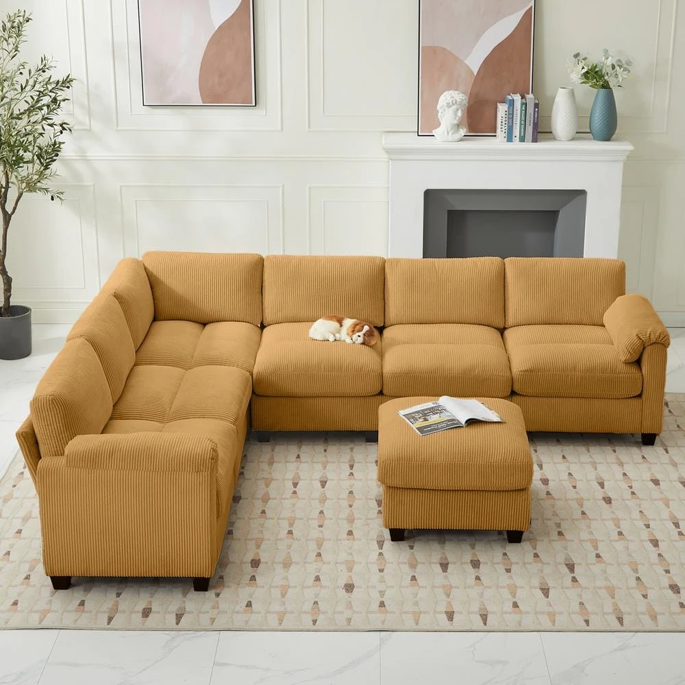 115 In. Corduroy Modular L-Shaped Yellow 7-Seat Sectional Sofa For Living Room And Spacious Space 1 115 In. Corduroy Modular L-Shaped Yellow 7-Seat Sectional Sofa For Living Room And Spacious Space