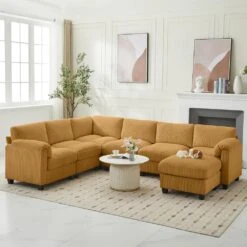 115 In. Corduroy Modular L-Shaped Yellow 7-Seat Sectional Sofa For Living Room And Spacious Space 8 115 In. Corduroy Modular L-Shaped Yellow 7-Seat Sectional Sofa For Living Room And Spacious Space -More Furniture Store yellow jearey sectional sofas dxrzjsf7 yellow c3 1000