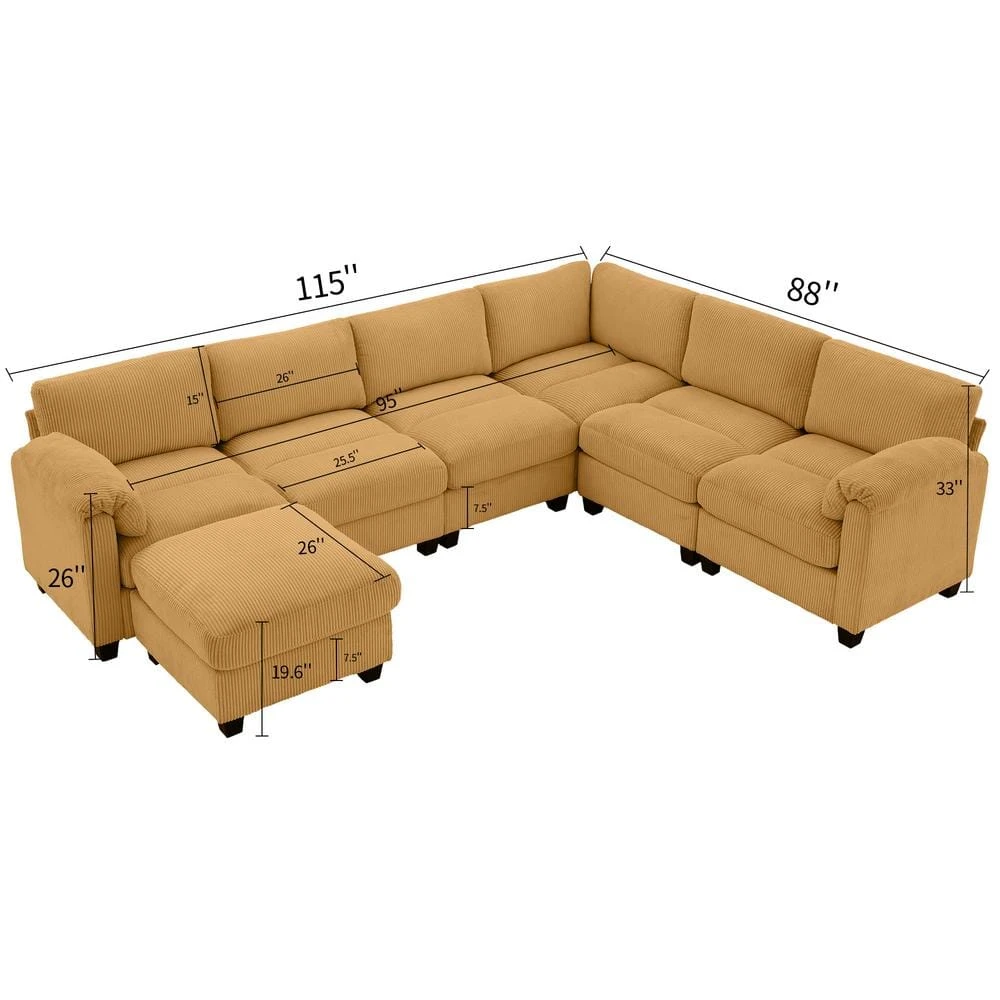 115 In. Corduroy Modular L-Shaped Yellow 7-Seat Sectional Sofa For Living Room And Spacious Space 2 115 In. Corduroy Modular L-Shaped Yellow 7-Seat Sectional Sofa For Living Room And Spacious Space - Image 2
