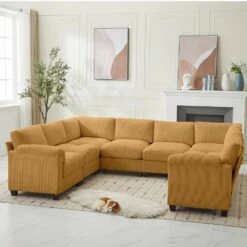 115 In. Corduroy Modular U-Shaped Yellow 8-Seat Sectional Sofa For Living Room And Spacious Space -More Furniture Store yellow jearey sectional sofas dxrzjsf8 yellow 31 1000