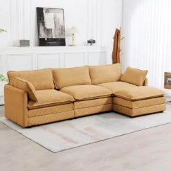 112 In. W 4-Piece Modern Straight Arm Corduroy Fabric L-Shaped Sectional Sofa With Ottoman In Yellow -More Furniture Store yellow jearey sectional sofas e46sf 3 ye 31 1000