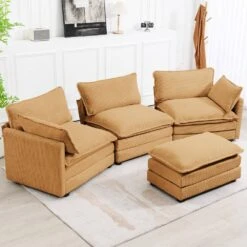 112 In. W 4-Piece Modern Straight Arm Corduroy Fabric L-Shaped Sectional Sofa With Ottoman In Yellow -More Furniture Store yellow jearey sectional sofas e46sf 3 ye 44 1000