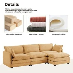 112 In. W 4-Piece Modern Straight Arm Corduroy Fabric L-Shaped Sectional Sofa With Ottoman In Yellow -More Furniture Store yellow jearey sectional sofas e46sf 3 ye 76 1000