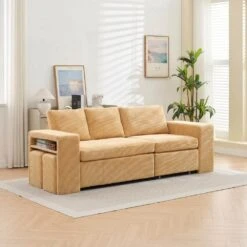 90.94in. Yellow Corduroy Upholstered L-Shaped Sleeper Sectional Sofa With Storage And Removable Ottomans For Living Room -More Furniture Store yellow jearey sectional sofas lsbsf yellow 31 1000