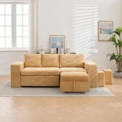 90.94in. Yellow Corduroy Upholstered L-Shaped Sleeper Sectional Sofa With Storage And Removable Ottomans For Living Room -More Furniture Store yellow jearey sectional sofas lsbsf yellow 4f 1000