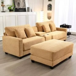 Laibai 111.81 In. Square Arm Velvet Modular 3-Piece Modern Sofa With Cup Holder And Ottoman In Yellow -More Furniture Store yellow jearey sofas couches dxrabc yellow 1f 1000