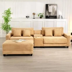 Laibai 111.81 In. Square Arm Velvet Modular 3-Piece Modern Sofa With Cup Holder And Ottoman In Yellow -More Furniture Store yellow jearey sofas couches dxrabc yellow 31 1000