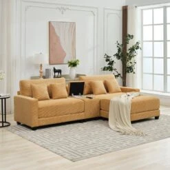 Laibai 111.81 In. Square Arm Velvet Modular 3-Piece Modern Sofa With Cup Holder And Ottoman In Yellow -More Furniture Store yellow jearey sofas couches dxrabc yellow 44 1000