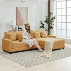 Laibai 111.81 In. Square Arm Velvet Modular 3-Piece Modern Sofa With Cup Holder And Ottoman In Yellow -More Furniture Store yellow jearey sofas couches dxrabc yellow fa 1000